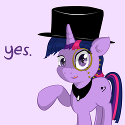 Size: 800x800 | Tagged: safe, artist:prosper58, twilight sparkle, pony, unicorn, askexquisitetwi, g4, dialogue, female, hat, looking at you, monocle, open mouth, purple background, raised hoof, reaction image, simple background, smiling, solo, top hat, tumblr, yes