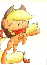 Size: 696x960 | Tagged: safe, artist:getchanoodlewet, applejack, g4, apple, clothes, eyes closed, female, food, rearing, scarf, solo, traditional art