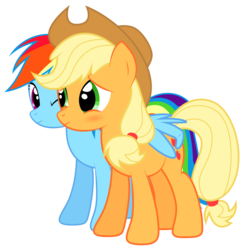 Size: 3567x3625 | Tagged: safe, artist:replaymasteroftime, applejack, rainbow dash, g4, blushing, butt touch, feathermarking, female, hug, lesbian, never doubt tchernobog's involvement, ship:appledash, shipping, simple background, transparent background, vector, winghug