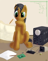 Size: 1185x1500 | Tagged: safe, artist:hieronymuswhite, oc, oc only, pony, breadboard, copper bolt, electronics, oscilloscope, soldering iron, solo