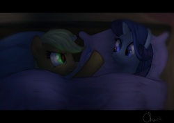 Size: 1280x909 | Tagged: safe, artist:chaos-lunation, applejack, rarity, g4, look before you sleep, bed, dark, scene interpretation, sleepover