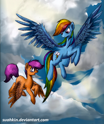 Size: 1700x2028 | Tagged: safe, artist:suahkin, rainbow dash, scootaloo, g4, flying