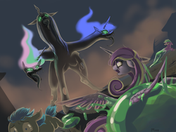 Size: 1200x900 | Tagged: safe, artist:moo, nightmare moon, princess cadance, princess celestia, queen chrysalis, alicorn, changeling, changeling queen, changepony, earth pony, goo, hybrid, pony, g4, antagonist, bad end, fusion, makeup, multiple heads, running makeup, slime, three heads, we have become one, xk-class end-of-the-world scenario