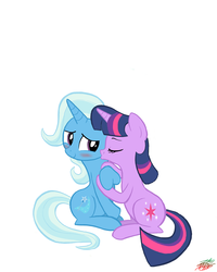 Size: 900x1124 | Tagged: safe, artist:willdrawforfood1, trixie, twilight sparkle, pony, unicorn, g4, blushing, cheek kiss, duo, female, kissing, lesbian, mare, ship:twixie, shipping, signature, simple background, white background