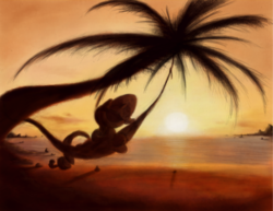 Size: 800x616 | Tagged: safe, artist:hewison, rarity, g4, backlighting, beach, evening, female, hammock, hawaii, ocean, palm tree, shore, solo, sunset, tree, tropical
