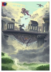 Size: 2480x3508 | Tagged: safe, artist:jowyb, fluttershy, rainbow dash, g4, arena, cloudsdale, flying, scenery, statue