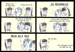 Size: 3500x2431 | Tagged: safe, artist:bobthedalek, dj pon-3, octavia melody, vinyl scratch, oc, oc:mixed melody, oc:octavia's mother, earth pony, pony, unicorn, g4, adorable distress, comic, cute, female, help me, impending doom face, mare, mothers gonna mother, oh crap face, origin story, this did not end well, this will end in intensive mothering, thousand yard stare