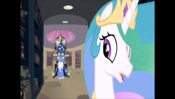 Size: 1920x1080 | Tagged: safe, edit, edited screencap, screencap, princess celestia, star swirl the bearded, alicorn, pony, unicorn, g4, my little pony: friendship is magic, season 4, the crystal empire, canterlot archives, citation needed, fake, female, horn, hourglass, male, mare, stallion