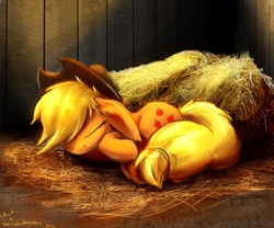 Size: 3000x2500 | Tagged: safe, artist:duh-veed, artist:the--cloudsmasher, applejack, g4, barn, cute, eyes closed, female, floppy ears, hay, impossibly large ears, jackabetes, on side, sleeping, solo