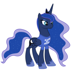 Size: 1500x1457 | Tagged: safe, artist:alexiy777, edit, idw, princess luna, alicorn, pony, friendship is magic #9, g4, spoiler:comic, blame my sister, clothes, female, idw showified, magic shirt, mare, simple background, solo, t-shirt, transparent background, vector