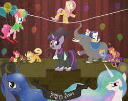 Size: 6200x4900 | Tagged: safe, artist:balloons504, apple bloom, applejack, fluttershy, pinkie pie, princess celestia, princess luna, rainbow dash, rarity, scootaloo, sweetie belle, twilight sparkle, alicorn, dog, earth pony, elephant, pegasus, pony, unicorn, g4, absurd resolution, balloon, cannon, circus, clown, cutie mark crusaders, female, filly, mane six, mare, pony cannonball, tightrope, whip