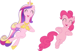 Size: 854x581 | Tagged: safe, artist:ghostbusters2, pinkie pie, princess cadance, pony, a canterlot wedding, g4, ^^, belly, bipedal, chicken dance, concave belly, crown, cute, cutedance, dancing, diapinkes, duo, duo female, eyes closed, female, hoof shoes, jewelry, open mouth, peytral, physique difference, princess shoes, regalia, simple background, slender, thin, transparent background, vector