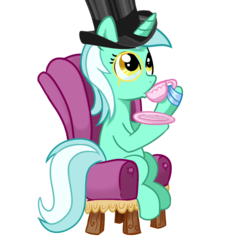 Size: 1000x1000 | Tagged: safe, lyra heartstrings, pony, unicorn, g4, classy, cup, female, hat, monocle, plate, simple background, sitting, sitting lyra, solo, tea, teacup, top hat, transparent background