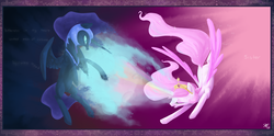 Size: 1500x743 | Tagged: dead source, safe, artist:imp-oster, nightmare moon, princess celestia, princess luna, alicorn, pony, g4, abstract background, crown, duo, flying, helmet, jewelry, magic, partially open wings, peytral, pink-mane celestia, regalia, royal sisters, siblings, sisters, spread wings, wings