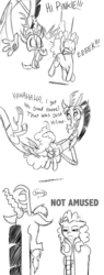 Size: 683x1800 | Tagged: safe, artist:mickeymonster, discord, pinkie pie, pony, g4, comic, frown, holding a pony, monochrome, prank, unamused