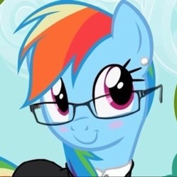 Size: 719x721 | Tagged: safe, edit, edited screencap, screencap, rainbow dash, pegasus, pony, g4, the mysterious mare do well, adorkable, blushing, clothes, cute, dork, ear piercing, earring, female, glasses, jewelry, piercing, rainbow dork, solo, suit