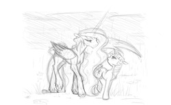 Size: 1280x787 | Tagged: safe, artist:bri-sta, princess celestia, twilight sparkle, g4, female, lesbian, monochrome, rain, ship:twilestia, shipping, sketch, wet mane