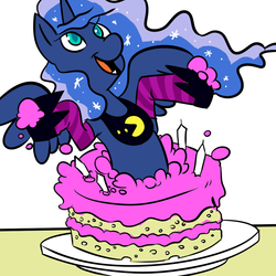 Size: 1000x1000 | Tagged: safe, artist:fauxsquared, princess luna, g4, cake, clothes, female, pac-man, popping out of a cake, socks, solo