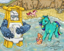 Size: 1280x1024 | Tagged: dead source, safe, artist:zombieprincess, seaspray (g3), sea pony, g1, g3, beach, crossover, mouth hold, seaspray (transformers), shell, transformers, water