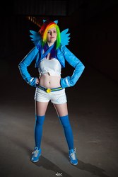 Size: 800x1200 | Tagged: safe, artist:lennemoon, rainbow dash, human, g4, belly button, clothes, cosplay, irl, irl human, midriff, photo, solo, thigh highs
