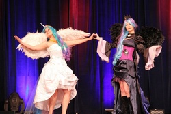 Size: 1024x683 | Tagged: safe, artist:kana-mitsu, nightmare moon, princess celestia, human, g4, cosplay, irl, irl human, photo, stage