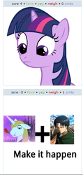 Size: 266x557 | Tagged: safe, prince blueblood, twilight sparkle, g4, attack on titan, exploitable meme, juxtaposition, juxtaposition win, levi ackerman, make it happen, meme