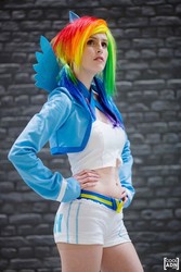 Size: 853x1280 | Tagged: safe, artist:lennemoon, rainbow dash, human, g4, belly, belly button, cosplay, irl, irl human, photo, solo