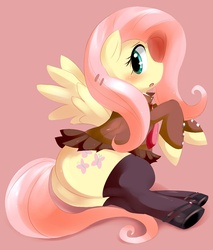 Size: 800x940 | Tagged: safe, artist:syansyan, fluttershy, pegasus, pony, g4, blushing, bottomless, butt, clothes, female, necktie, plot, schoolgirl, shoes, simple background, skirt, solo, stockings