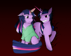 Size: 1334x1050 | Tagged: safe, artist:dreamingnoctis, twilight sparkle, pony, unicorn, fanfic:asylum, g4, asylum, duality, evil smile, gradient background, grin, horn, horn cap, horn ring, horn sleeve, magic suppression, mirror twilight, sitting, smiling