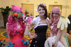 Size: 1024x679 | Tagged: artist needed, safe, artist:kousagicosplayphoto, fluttershy, pinkie pie, rarity, human, g4, convention, cosplay, ears, groucho mask, horn, irl, irl human, mtac, photo, plushie