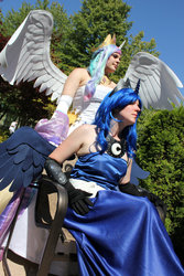 Size: 1024x1536 | Tagged: safe, artist:chochomaru, princess celestia, princess luna, human, g4, cosplay, irl, irl human, photo