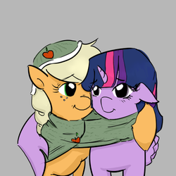 Size: 500x500 | Tagged: safe, artist:askmutesparkle, artist:vincent-kisaragi, applejack, twilight sparkle, alicorn, pony, g4, author:askmutesparkle, clothes, female, hat, lesbian, mare, older, scarf, shared clothing, shared scarf, ship:twijack, shipping, side hug, twilight sparkle (alicorn)