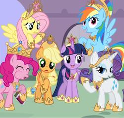 Size: 663x632 | Tagged: safe, artist:teammagix, applejack, fluttershy, pinkie pie, rainbow dash, rarity, twilight sparkle, alicorn, earth pony, pegasus, pony, unicorn, g4, applejack's hat, chocolate, chocolate bar, crown, element of harmony, female, folded wings, food, hat, helmet, hoof shoes, horn, mane six, mare, pinkie being pinkie, tiara, twilight sparkle (alicorn), wings, wings down