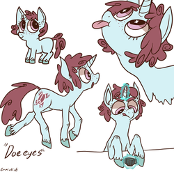 Size: 500x494 | Tagged: safe, artist:comickit, oc, oc only, oc:doe eyes, pony, unicorn, chibi, magic, raspberry, reference sheet, solo, teacup, tongue out
