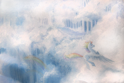 Size: 1787x1200 | Tagged: safe, artist:wolfiedrawie, rainbow dash, pegasus, pony, g4, cloud, cloudsdale, crayon, female, flying, solo, traditional art