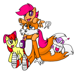 Size: 1228x1156 | Tagged: safe, artist:large-rarge, apple bloom, scootaloo, sweetie belle, g4, crossover, cutie mark crusaders, heart, juice box, male, miles "tails" prower, question mark, sonic the hedgehog (series)