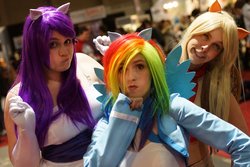 Size: 1024x683 | Tagged: safe, artist:temi-cosplay, applejack, rainbow dash, rarity, human, g4, cosplay, irl, irl human, photo