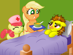 Size: 1024x772 | Tagged: safe, artist:aleximusprime, apple bloom, applejack, oc, oc:terra, g4, adorabloom, askthesixelementals, bed, cute, earth, female, filly, foal, mare, mouth hold, nurse, red nosed, sick, soup, thermometer
