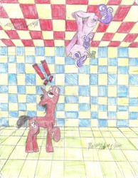 Size: 1275x1642 | Tagged: safe, artist:semijuggalo, screwball, oc, g4, ceiling, duo, hat, hazy sketch, propeller hat, swirly eyes, traditional art, upside down