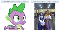 Size: 537x284 | Tagged: safe, rarity, spike, human, g4, convention, cosplay, creepy, crying, exploitable meme, irl, irl human, juxtaposition, juxtaposition win, meme, photo