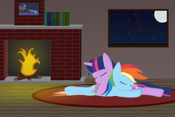 Size: 10000x6667 | Tagged: safe, artist:joey, rainbow dash, twilight sparkle, pegasus, pony, unicorn, g4, absurd resolution, cuddling, cute, eyes closed, female, fireplace, lesbian, mare, night, on top, picture, pony pillow, prone, rug, ship:twidash, shipping, sleeping, smiling, snuggling, window