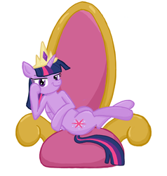 Size: 855x900 | Tagged: safe, artist:thecheeseburger, twilight sparkle, alicorn, pony, g4, crown, female, mare, queen, sitting, smug, smuglight sparkle, solo, throne, throne slouch, twilight sparkle (alicorn), tyrant sparkle