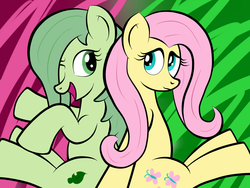 Size: 1600x1200 | Tagged: artist needed, safe, fluttershy, oc, earth pony, pony, g4, back to back, female, looking at each other, mare, one eye closed, wingless, wink