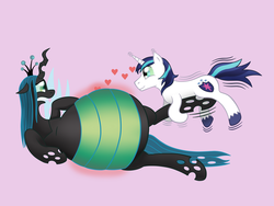 Size: 1280x960 | Tagged: safe, artist:8aerondight8, queen chrysalis, shining armor, changeling, changeling queen, pony, unicorn, g4, backfire, belly, belly expansion, bloated, changeling feeding, changeling overfeeding, chunkling, chunkling queen, duo, fat, female, force feeding, growth, heart, inflation, love, love overload, male, queen chrysalard, sharp teeth, ship:shining chrysalis, shipping, straight, swollen, teeth
