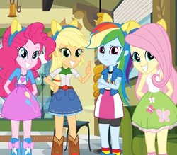 Size: 400x350 | Tagged: safe, screencap, applejack, fluttershy, pinkie pie, rainbow dash, equestria girls, g4, my little pony equestria girls, ears, female, smiling, thumbs up, wondercolts