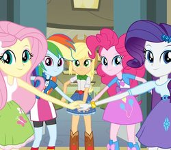 Size: 400x350 | Tagged: safe, screencap, applejack, fluttershy, pinkie pie, rainbow dash, rarity, equestria girls, g4, my little pony equestria girls, female, humane five, looking at you, team hand stack