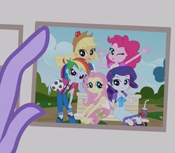 Size: 400x350 | Tagged: safe, screencap, applejack, fluttershy, pinkie pie, rainbow dash, rarity, twilight sparkle, equestria girls, g4, my little pony equestria girls, ball, bench, female, football, freshman fair, hand, humane five, photo, picture, younger