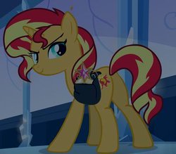 Size: 400x350 | Tagged: safe, screencap, sunset shimmer, pony, unicorn, equestria girls, g4, my little pony equestria girls, big crown thingy, butt, crown, female, mare, plot, saddle bag, solo, stealing