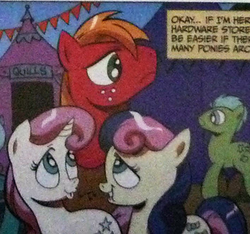 Size: 356x333 | Tagged: safe, idw, official comic, big macintosh, bon bon, sweetie drops, twinkleshine, earth pony, pony, friendship is magic #9, g4, my little pony: friendship is magic (idw), spoiler:comic, lip bite, male, stallion, unnamed character, unnamed pony