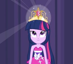 Size: 400x350 | Tagged: safe, screencap, twilight sparkle, equestria girls, g4, my little pony equestria girls, big crown thingy, crown, fall formal outfits, female, looking up, smiling, solo